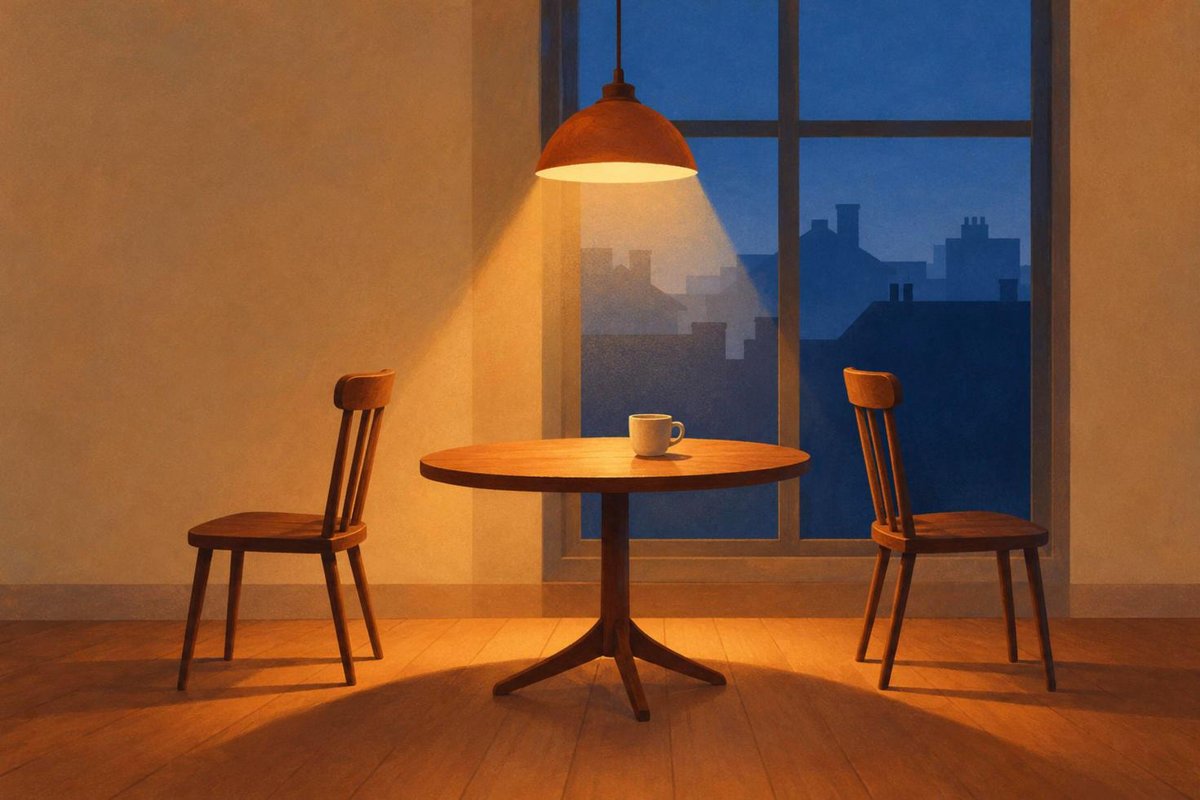 Gemaltes Bild: ein kleiner runder Tisch mit einer Tasse vor einem hohen Fenster, links und rechts je ein leerer Stuhl mit Abstand zum Tisch, darüber eine Hängelampe mit warmem Lichtkegel, draußen Dächer im blauen Abend.