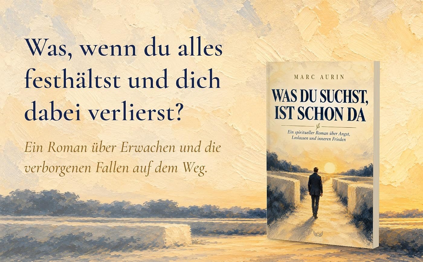 Buch Was du suchst, ist schon da vor einer gemalten Landschaft im Abendlicht, daneben der Text: Was, wenn du alles festhältst und dich dabei verlierst? Ein Roman über Erwachen und die verborgenen Fallen auf dem Weg.