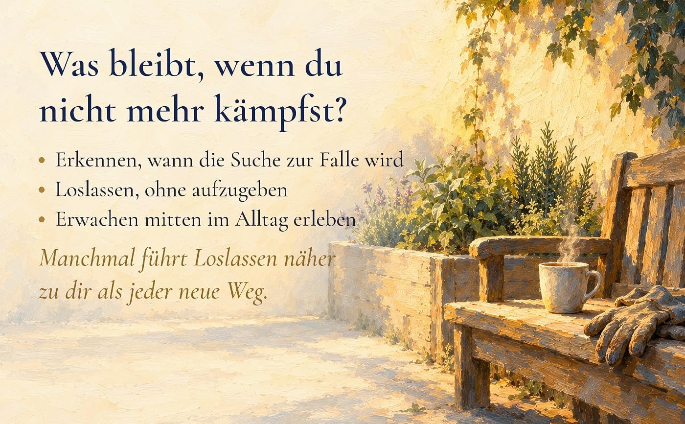 Eine Holzbank mit dampfender Tasse und Gartenhandschuhen neben einem Hochbeet in der Sonne, daneben der Text: Was bleibt, wenn du nicht mehr kämpfst? Erkennen, wann die Suche zur Falle wird. Loslassen, ohne aufzugeben. Erwachen mitten im Alltag erleben. Manchmal führt Loslassen näher zu dir als jeder neue Weg.