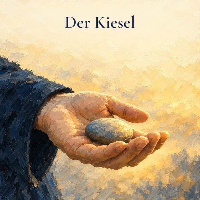 Gemaltes Bild: eine offene Hand hält einen glatten grauen Kieselstein im warmen Licht