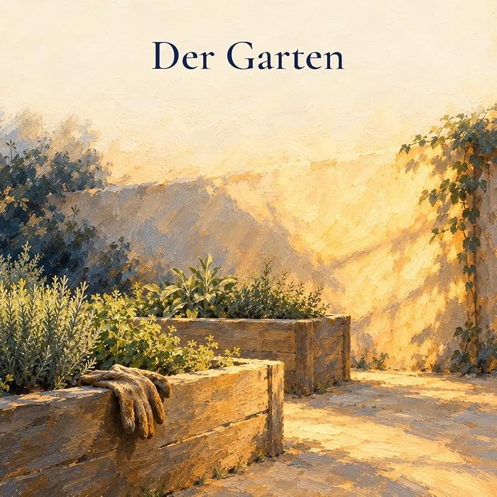 Gemaltes Bild: zwei hölzerne Hochbeete mit Kräutern in der Sonne, auf dem Rand liegen Gartenhandschuhe