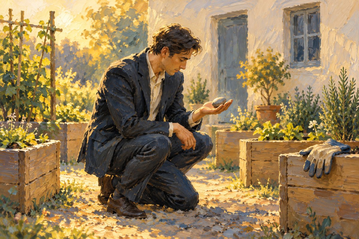 Gemaltes Bild: Ein Mann im dunklen Anzug kniet im Morgenlicht in einem kleinen Garten hinter einem Pflegeheim und hält einen glatten Kieselstein in der offenen Hand.