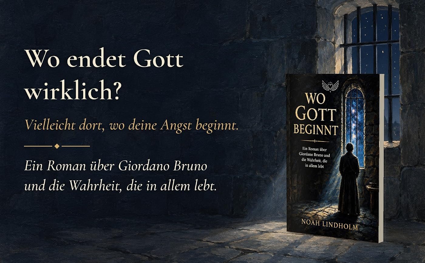 Buch Wo Gott beginnt in einer nächtlichen Steinzelle mit vergittertem Fenster, daneben der Text: Wo endet Gott wirklich? Vielleicht dort, wo deine Angst beginnt. Ein Roman über Giordano Bruno und die Wahrheit, die in allem lebt.