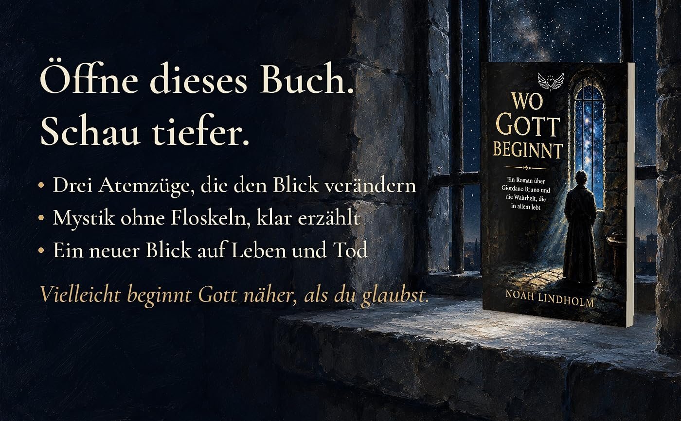Buch Wo Gott beginnt auf einem steinernen Fenstersims unter dem Nachthimmel, daneben der Text: Öffne dieses Buch. Schau tiefer. Drei Atemzüge, die den Blick verändern. Mystik ohne Floskeln, klar erzählt. Ein neuer Blick auf Leben und Tod. Vielleicht beginnt Gott näher, als du glaubst.