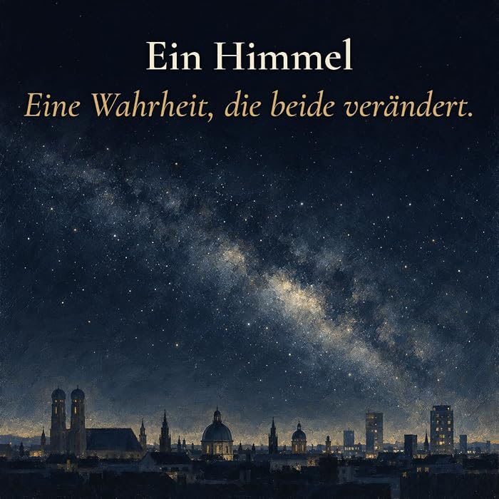 Gemaltes Bild: die Milchstraße über der nächtlichen Silhouette Münchens mit Kirchtürmen und Kuppeln