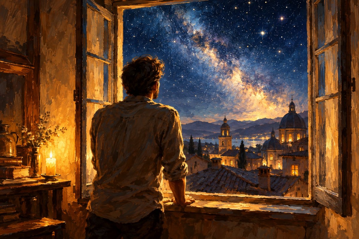 Gemaltes Bild: Ein Mann steht nachts an einem offenen Fenster und blickt über alte Dächer in einen weiten Sternenhimmel mit der Milchstraße.